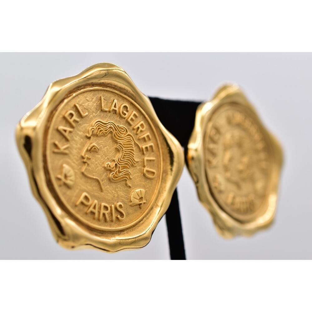 Karl Lagerfeld Vintage Logo Seal Clip On Earrings Paris Medallion Gold 80s Bin5 - Picture 5 of 12